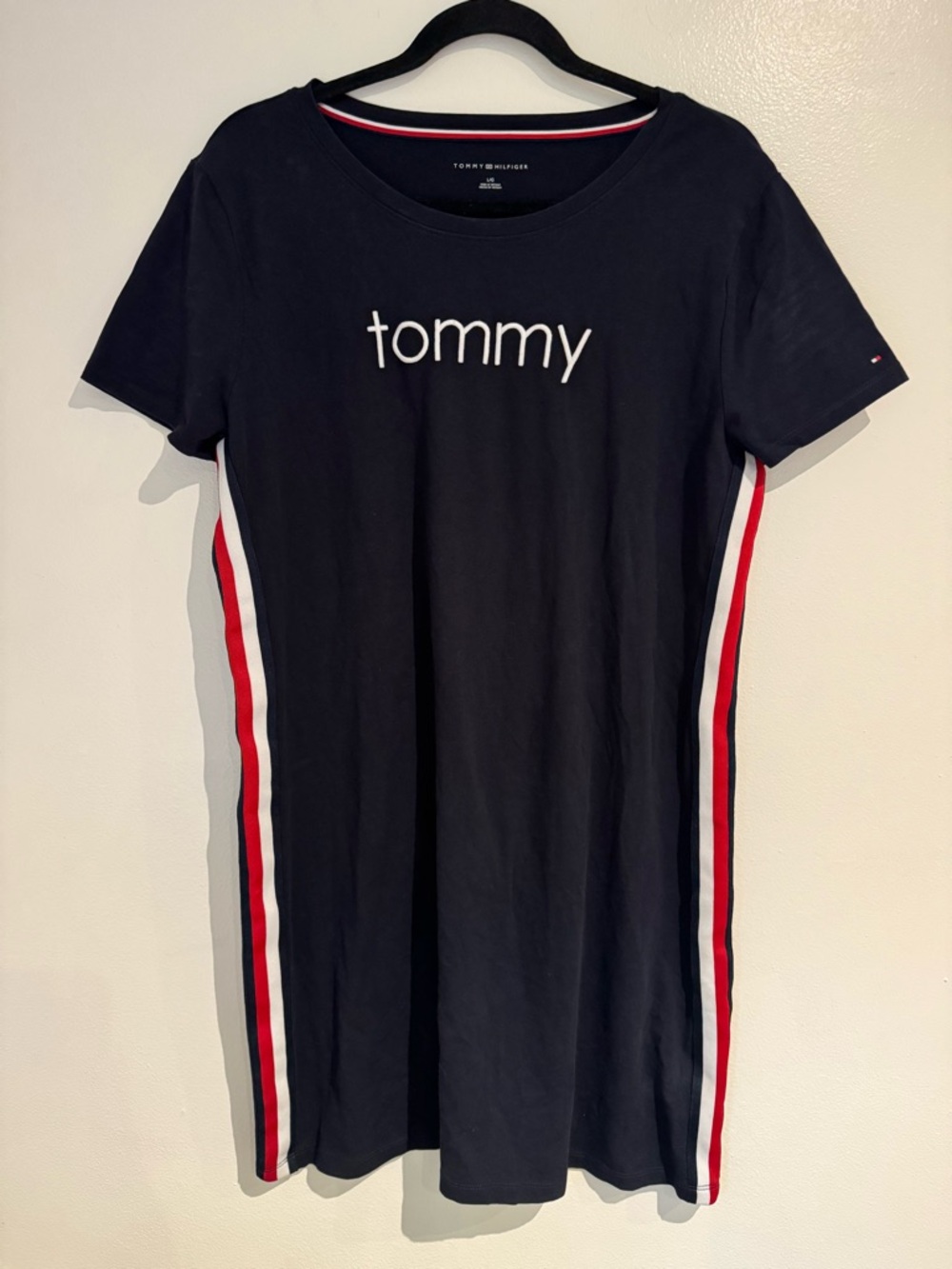 Tommy Hilfiger Navy Tee Dress with Red & White Stripes Size Large 100% cotton